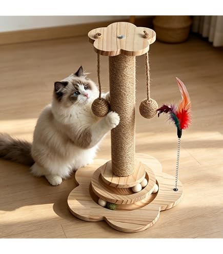 麻縄 猫爪とぎポール 多機能おもちゃ 羽根・ボール付き 一人遊び Amazon | 猫 おもちゃ 4in1 多機能 猫 爪とぎ麻紐ポール ボール