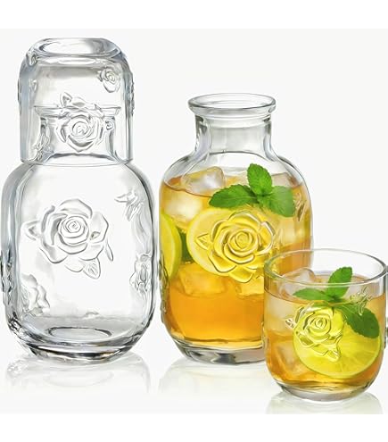 Coloch 2 Sets Vintage Bedside Water Carafe Set With Tumbler, 4 Pcs 14Oz Clear Nightstand Carafe And Glass Set, Carved Glass Mouthwash Bottle Juice Pitcher For Water, Juice, Kitchen, Bedroom, Bar - View #7