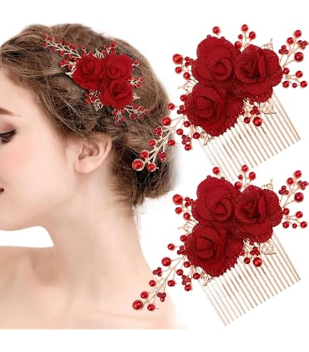 Kercisbeauty Handmade Boho Hair Comb for Brides Floral Red  display picture 3