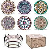 SUEH DESIGN セラミックコースター 珪藻土よりも良い 吸水カップマット 保護コルク裏面 オリジナルマンダラ模様 6個セット ホルダー付き おしゃれ 贈り物