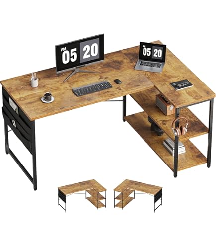 Amazon | 机、L字型デスク、リバーシブル棚付き47インチコンピューター