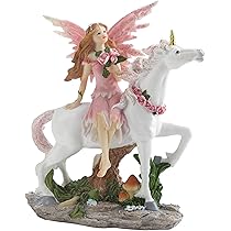 フェアリーとユニコーンの置物 緑の翼のある妖精(フェアリー)と魔法のユニコーン像の置物 彫像