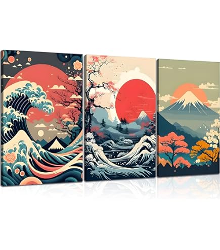 波と赤い太陽の日本画 木製フレーム付き 波と赤い太陽の日本画 木製