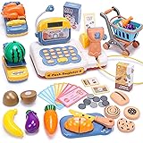 Cutes tone おままごと レジ おもちゃ 55点セット 知育玩具 お店屋さんごっこ レジスター おもちゃ 食品衛生検査済 お買い物ごっこ リアルな効果音 計算機能付き マイク付き 切って遊び お金 おもちゃ 子供 贈り物 誕生日プレゼント