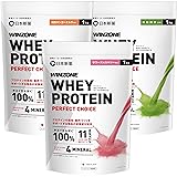 WINZONE（ウィンゾーン）ホエイ プロテイン パーフェクトチョイス 3kg（1kg×3袋） 優秀味覚賞セット (サワーストロベリー風味1kg、完熟マンゴーミルク風味1kg、本格抹茶1袋) 国内製造 11種ビタミン 4種ミネラル WPC 日本新薬