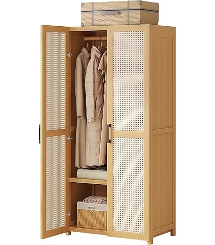 Amazon｜竹製 ワードローブ 扉付き クローゼット ハンガーラック 天然