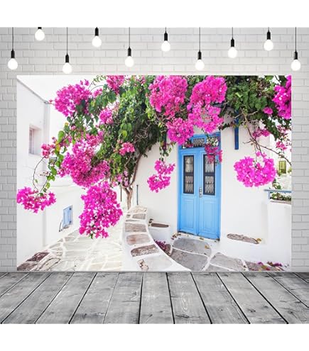 Loccor 8x6ft Fabric Greece Backdrop Santorini Island Traditional Architecture Flowers Aegean Sea Window Scenery Background Momma Mia Theme Birthday Party Decorations Wedding Photo Booth Props