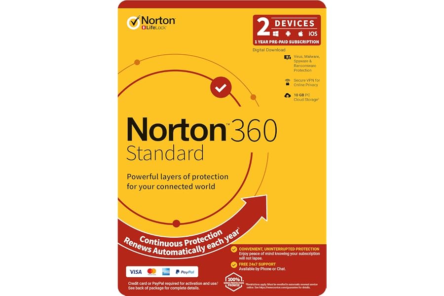 Norton 360 Standard 10GB 1 User 2 Devices PC MAC Android iOS DVD, OEM Security Software | Digital Delivery Same Day