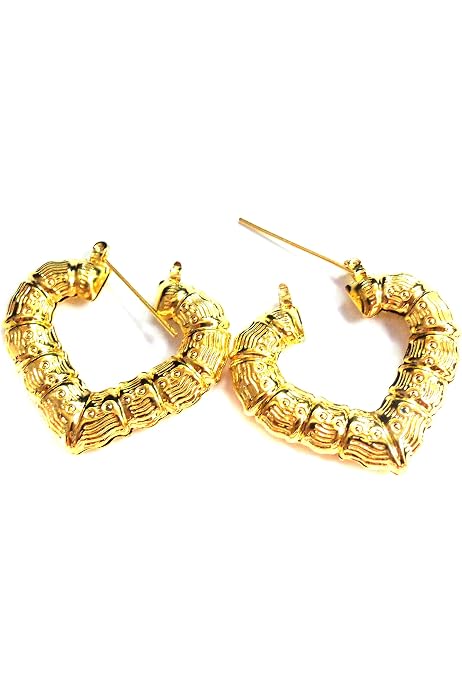Bamboo Heart Hoop Earrings Gold Tone 