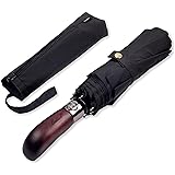 Balios Travel Folding Umbrella with Real Wood Handle Auto Open Close Vented Windproof Canopy - Designed in UK