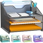 Samstar Mesh Desk File Organizer Letter Tray Holder, Desktop File Folder Holder with 3 Paper Trays and 2 Vertical Upright Sec