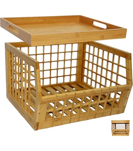DEAYOU 2 Pack Bamboo Stackable Storage Bins, Bamboo Open Front Stacking Bins Natural Food