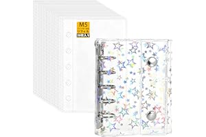 SONGSONG シール帳 透明 女の子 5穴クリアバインダ はがせる シール手帳 クリアバインダー 小物整理 推し活グッズ （ホログラム星柄入り,M5バインダー × 厚手PPフィルム(20枚入り),12.5*9.5CM）