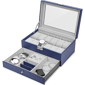 腕時計ボックス 12 メンズ 腕時計オーガナイザー ジュエリーディスプレイケース ロックとキー付き ロイヤルブルー