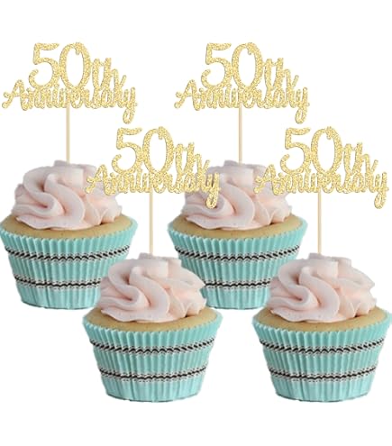 Honbay 50th Birthday Cupcake Toppers - 25-Pack Gold Glitter Cake Decorations With Picks