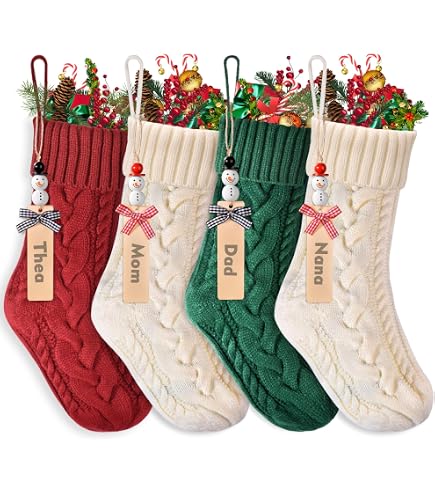 Steo Spce 4 Pack Personalized Christmas Stockings - 18.5" Knitted With Leather Name Patches
