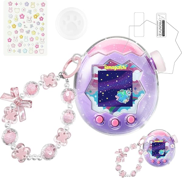 Seltureone【2026年新登場】Tamagotchi Paradise保護ケース +ズームダイヤルカバー 通信に対応 たまごっちパラダイスケース PC素材 可愛いストラップ飾り付き たまパラ専用PETフィルム 全周囲保護 衝撃吸収 耐久性 すり傷防止 ストラップ/ステッカー付き 紛失防止(ラメ入り キラキラクリア) - 1