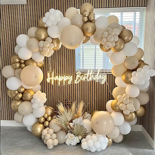 White Sand Balloons Garland Arch Kit, 163PCS Sand White Chrome Gold Beige Boho Balloons Arch Kit 5 10 18 Inch Different Sizes