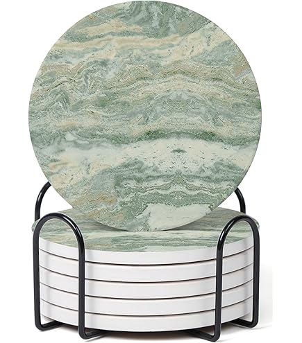 4 X Round Sage Green Coasters - Leaves Leaf Pattern Floral Women Set Theme House Warming Circle Drinks Kitchen Decoration Décor Gift #80207 - UK