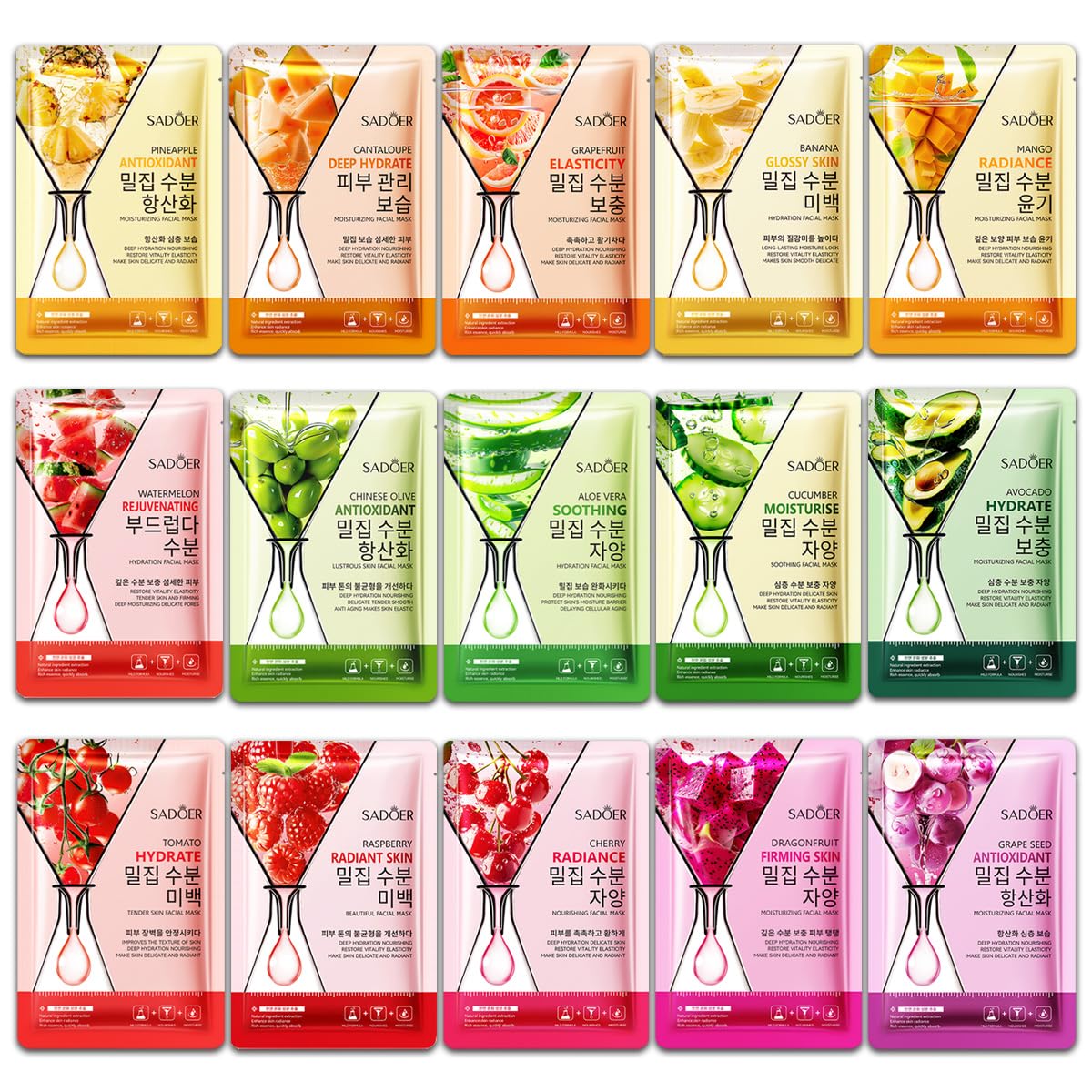 【50%OFF】【844円】 SADOER 天然フルーツエッセンス シートマスク 個包装 フェイスパック 売れ筋タイプ 15枚セット