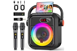 JYX Karaoke Machine with 2 Wireless Microphones, RGB Light PA System with Treble/Bass, Bluetooth Speaker Supports Live Broadcast/Monitoring/Sound Effects, Suitable for Adults/Kids, 66PRO