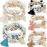 yunanwa 5 Pack Multilayer Bohemian Beaded Bangle Bracelet Crystal Charm Stretch Beach Stack-able Multi-Color Boho Bracelets J
