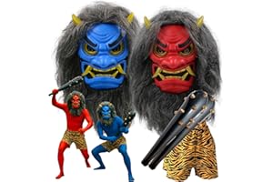 XPデザイン 節分 鬼 お面 リアル 怖い フルフェイスマスク ウィッグ付き 赤鬼 青鬼 虎パンツ こん棒