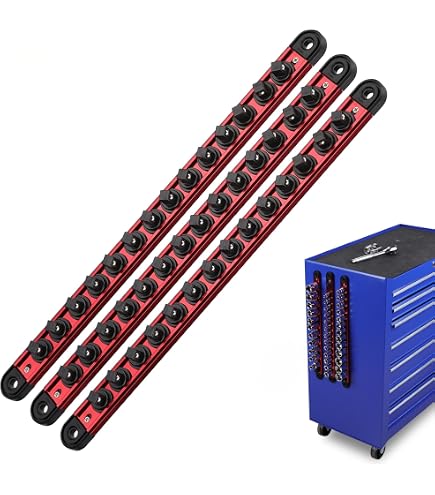 Magnetic Socket Holder Set – 9 Detachable Trays For 1/4, 3/8, 1/2 Sockets, Holds 120 Pieces, Aluminum Alloy Toolbox Organizer For Garage & Shop (Red/Blue/Green)