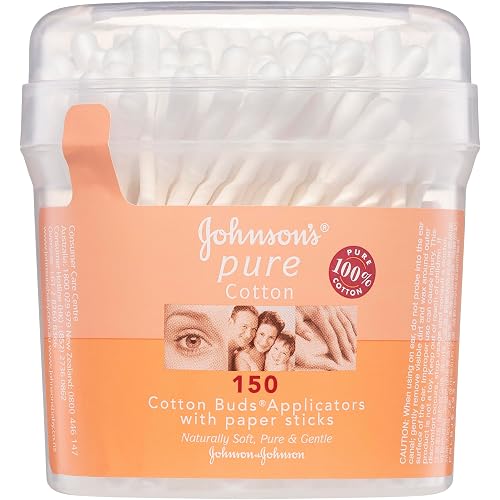 Johnsons Adult Pure Cotton Bud Applicators with Paper Sticks 150 Pack | Ideal for Cleaning Outer Ears| Nail Polish and Applyi