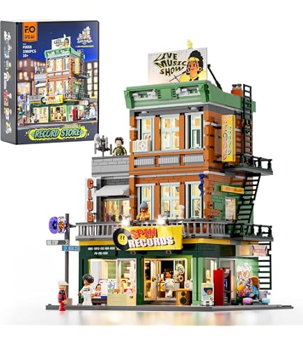 FUNWHOLE City Gas Station Bauset Mit Licht – 1608 Teile, Modular, Inkl. Oldtimer & Werkzeuge