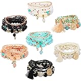 YADOCA 7 Sets Bohemian Stackable Bead Bracelets for Women Multilayer Stretch Bracelet Set Pendant Bangles Multicolor