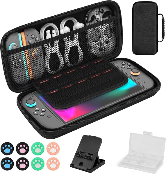 【令和8年新登場】 switch 2 ケース スイッチ2専用 高耐久性 【 ゲーマー必須アイテム!】スイッチ2専用 ゲーム機用スタンド + ゲームカード収納ケース + アナログスティックカバー 防塵 防水 防振 EVAハードシェル 兼容Switch/有機ELモデル対応 収納バッグ 保護 大容量 10ゲームカードスロット高耐久性 対応スイッチ2保護アクセサリーセット - 1