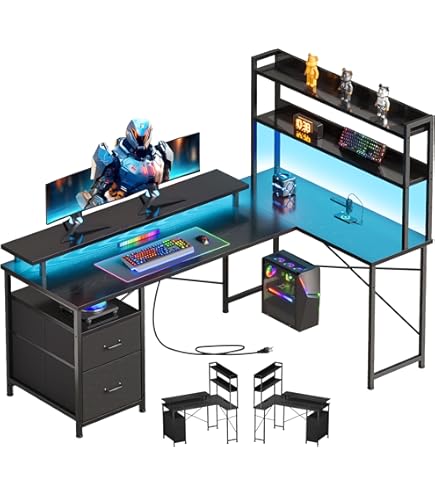 ラック付きデスク Amazon | 机、L字型デスク、リバーシブル棚付き47インチコンピューター