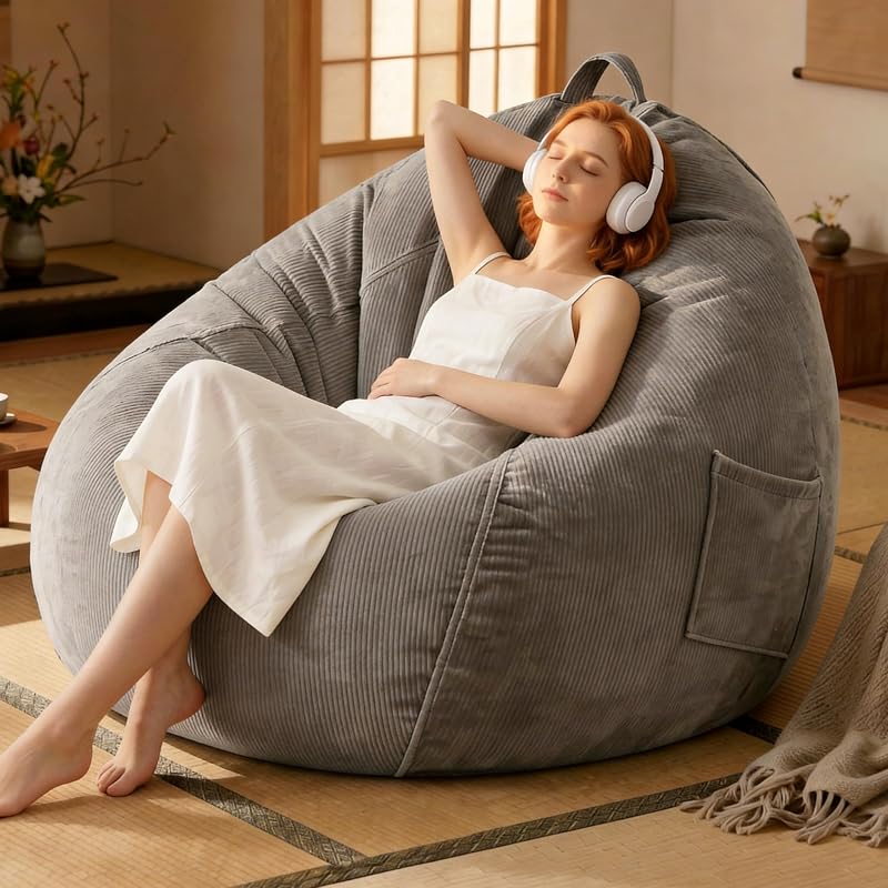 Bead Cushion, Extra Large, 27.6 x 23.6 inches (70 x 60 cm), Single Seat, Lazy Sofa, Cushion Sofa, Soft, Lightweight, Handle Included, Washable Cover, Healthy, Odorless, Safe, Relaxing, Stylish (Gray