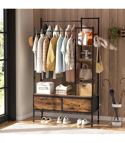 Amazon｜Aibiju ハンガーラック 棚付き 引き出し付き ハンガーシェルフ