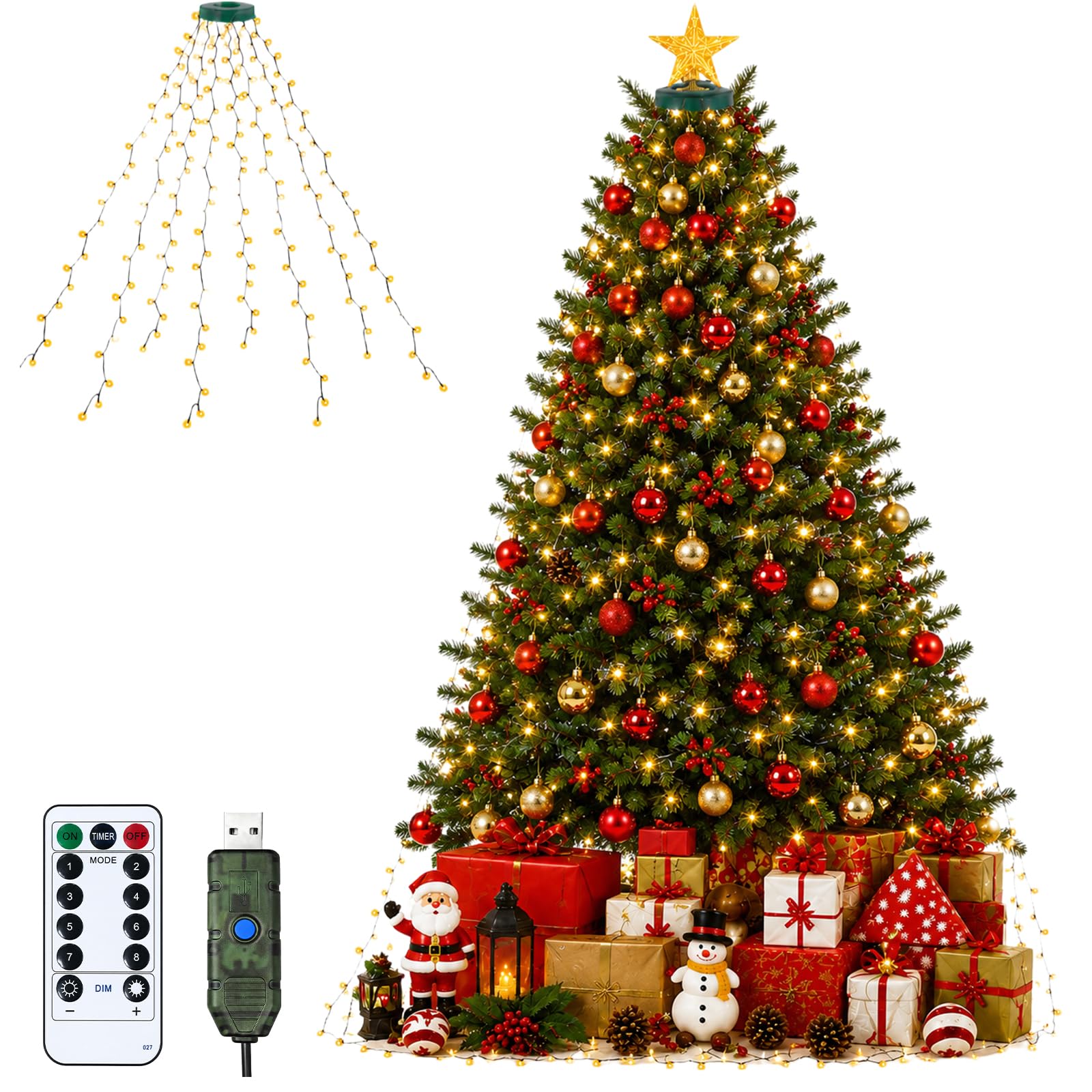 クリスマスツリーライト 電飾 LEDイルミネーションライト ツリーライト 280球 8本×2m 被せるだけ USB給電 8モード タイマー 電球色 | クリスマスツリートップに掛けて8本を広げるだけ。280球のイルミネーションライトLED、明るさを調