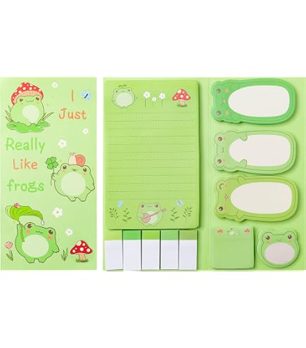 thumbnail interactive-video image 1 of Xqumoi 57Pcs Frog Sticky Notes Set With Pen, Stickers, Stationery - 0.5mm Black Gel Ballpoint Pens, Self-Stick Note Pads, Cartoon Vinyl Stickers For... 1 of 12