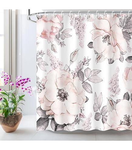 ZJRBJB Pink & Grey Floral Shower Curtain - Vintage Daisy Bathroom Decor
