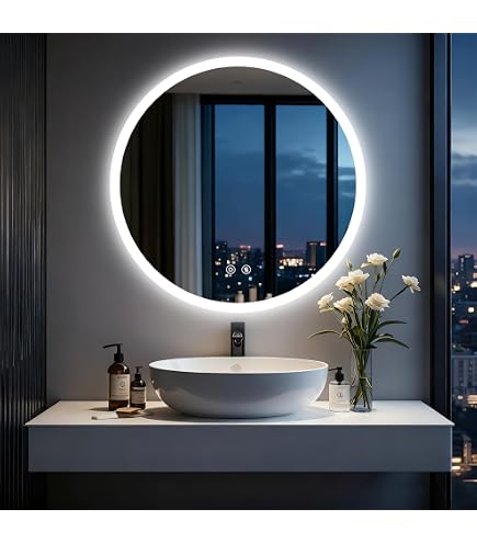 Amazon｜ウォールミラー、丸型LED照明付き鏡、風呂鏡、化粧鏡、防曇
