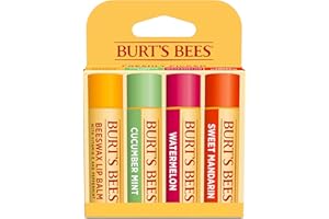 Burt's Bees Lip Balm Stocking Stuffers, Moisturizing Lip Care Christmas Gifts, Freshly Picked - Original Beeswax, Cucumber Mint, Watermelon, & Sweet Mandarin, Natural Origin Treatment (4-Pack)