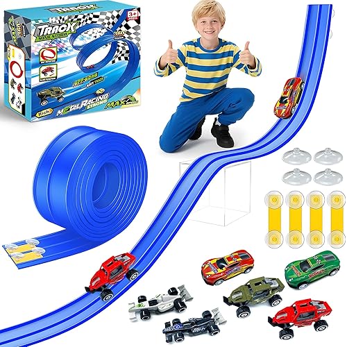 16Ft /500cm Flex Tracks Car Track Set – Flexible Race Car Ramp Track with 6 Small Racecars &Suction Cups, Compatible with Hot