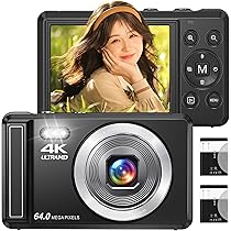 デジタルカメラ 4K 64GBカード付き 自撮り　バッテリー2個　日本語説明書 Amazon | デジタルカメラ 4K 6400万画素 30FPS デジカメ 64GB TF