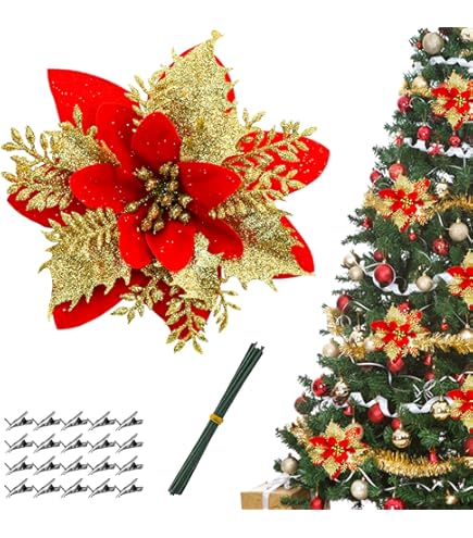 Amazon｜クリスマス ポインセチア 花 クリップと茎付き キラキラ