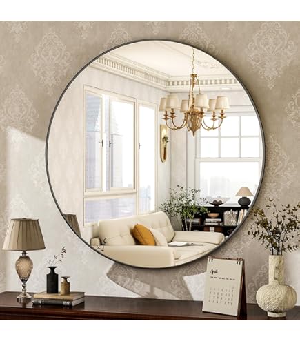 24 Inch White Round Bathroom Mirror With Wood Frame - Modern Circle Wall Mirror For Bedroom, Living Room, Entryway