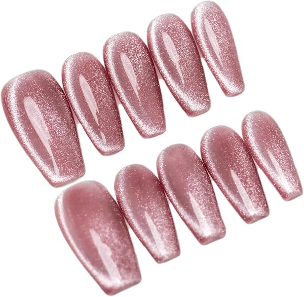 Sun&Beam Nails Handmade Press-on Medium Long Coffin Ballerina Pink Magnet Solid Color glossy Design Fashion False Nail Tips 10 Pcs Set (#089 M) - 1