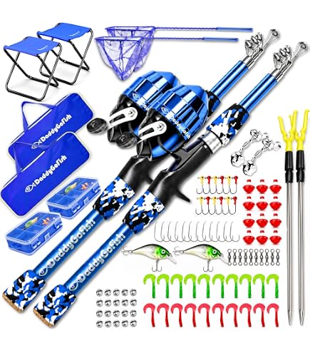 dock fishing pole blue DaddyGoFish Kids - Rod Reel Combo Tackle Box Starter Set Vintage Pflueger Progress Freshwater Enough back bone for Size:702MXS SHAKE N BAKE fishing frame part