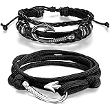 Aroncent Fish Hook Bracelet Leather Braided Wrap Rope Wristband Men Women Black 2 PCS 8.5-10.5 Inches