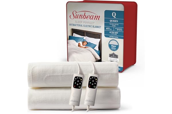 Sunbeam Sunbeam Sleep Perfect Antibacterial Electric Blanket Queen | Fully Fitted, Washable, Auto-Off Timer, Safety Overheat Protection, Dual Controls BLA6351