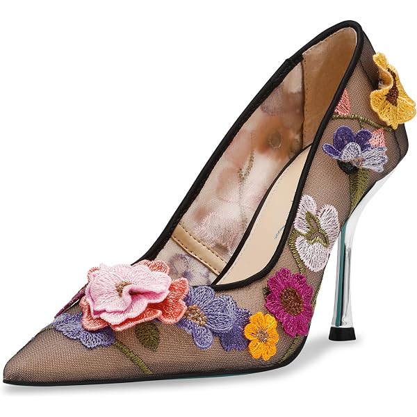 Oh Mispares Women's Heeled Mules - Floral Mesh Embroidered Stiletto Sandals, 4" Heel, Open Toe