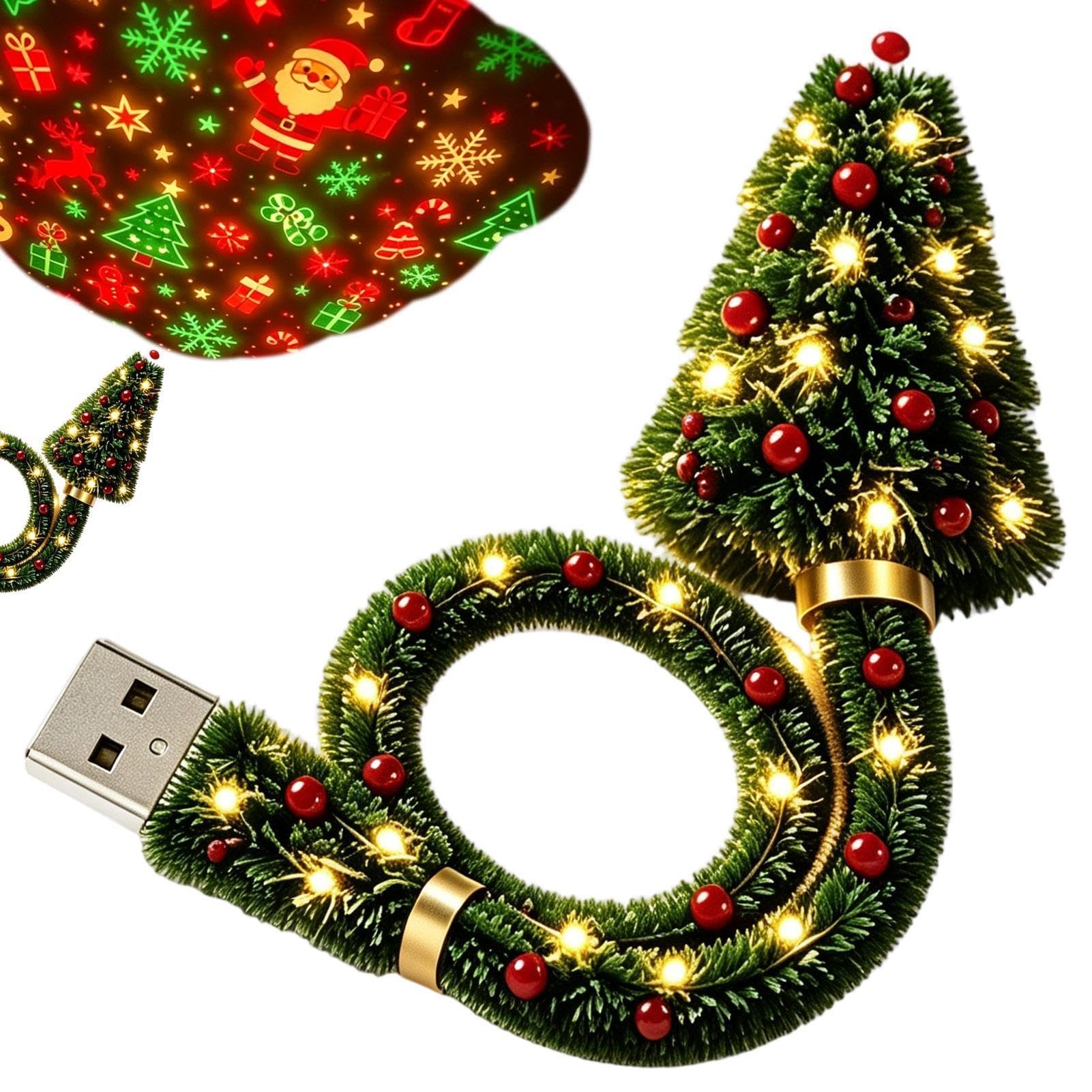 クリスマスプロジェクションライト USB 給電 6 枚スライド付き 交換式ホリデーパターン 室内専用 壁・天井投影 賃貸 OK パーティー・寝室装飾 | 擬似松針デザインのクリスマス天井投影灯。USB 接続で簡単使用、6 種類の華やかなホリデー模様を
